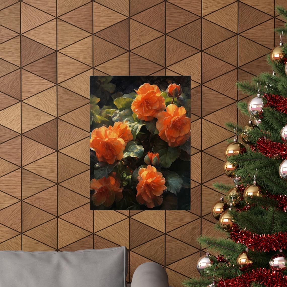 Orange Begonias Dappled Sunlight Dark Garden Blooms Floral Art Poster - Image 3