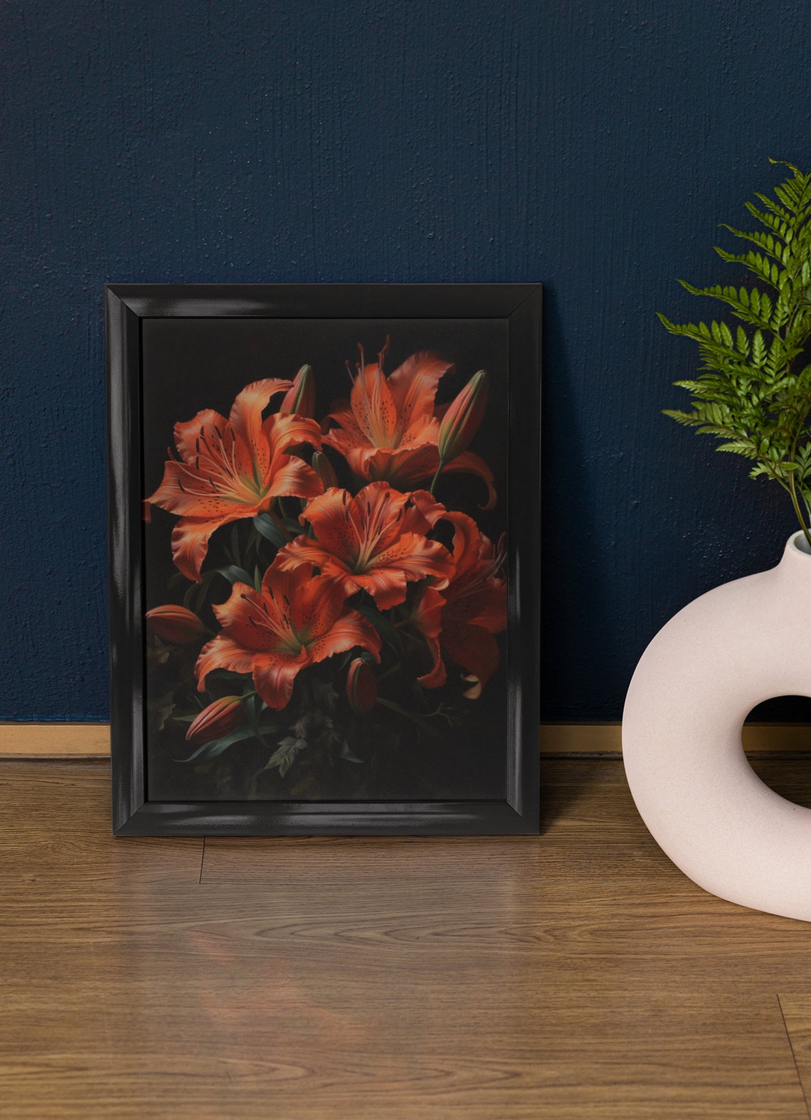 Orange Tiger Lily Blossoms Moody Black Background Floral Art Print