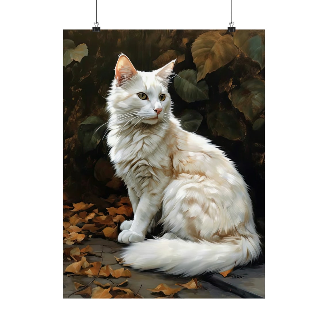 Turkish Angora White Longhaired Cat In Autumn Leaves Portrait Print - Image 5