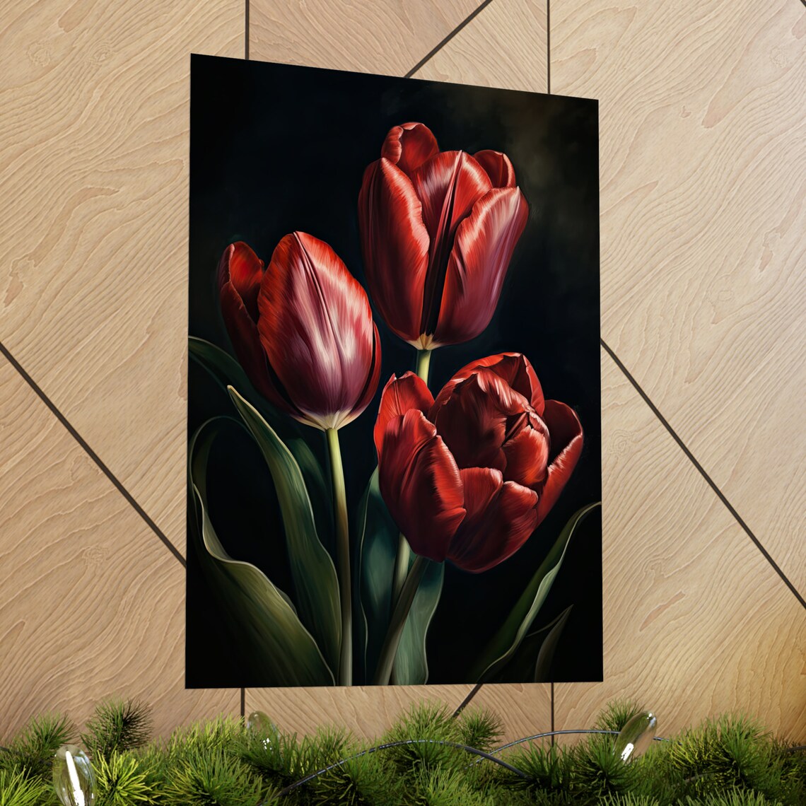 Crimson Red Tulip Trio Moody Dark Botanical Floral Wall Art Print - Image 2