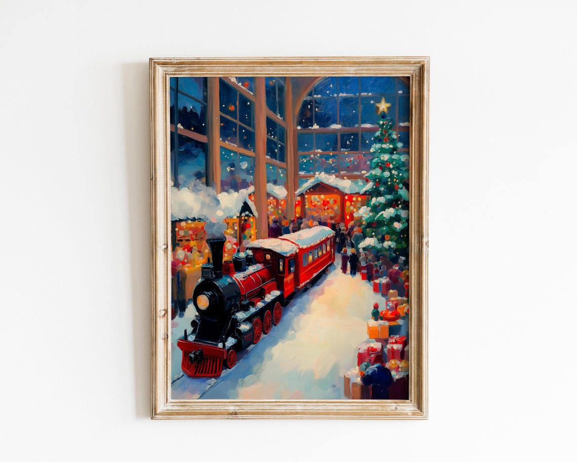 Vintage Red Steam Train At Snowy Christmas Market Oil Painting Poster