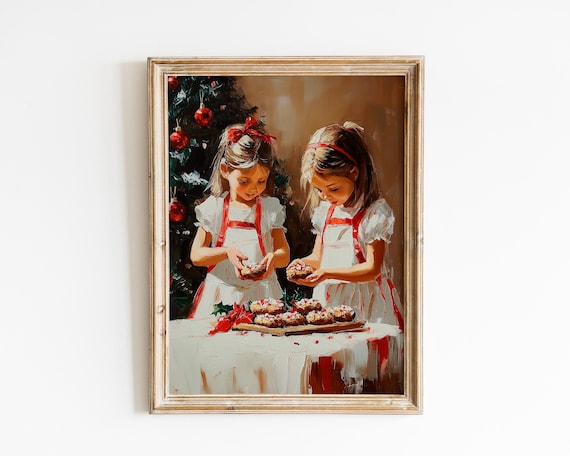 Girls Baking Christmas Cupcakes Nostalgic Holiday Oil Style Poster