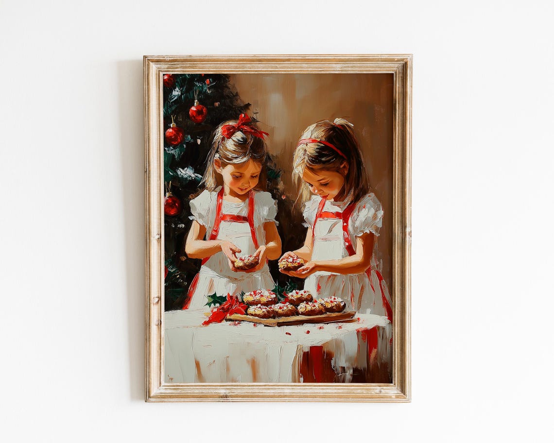 Girls Baking Christmas Cupcakes Nostalgic Holiday Oil Style Poster