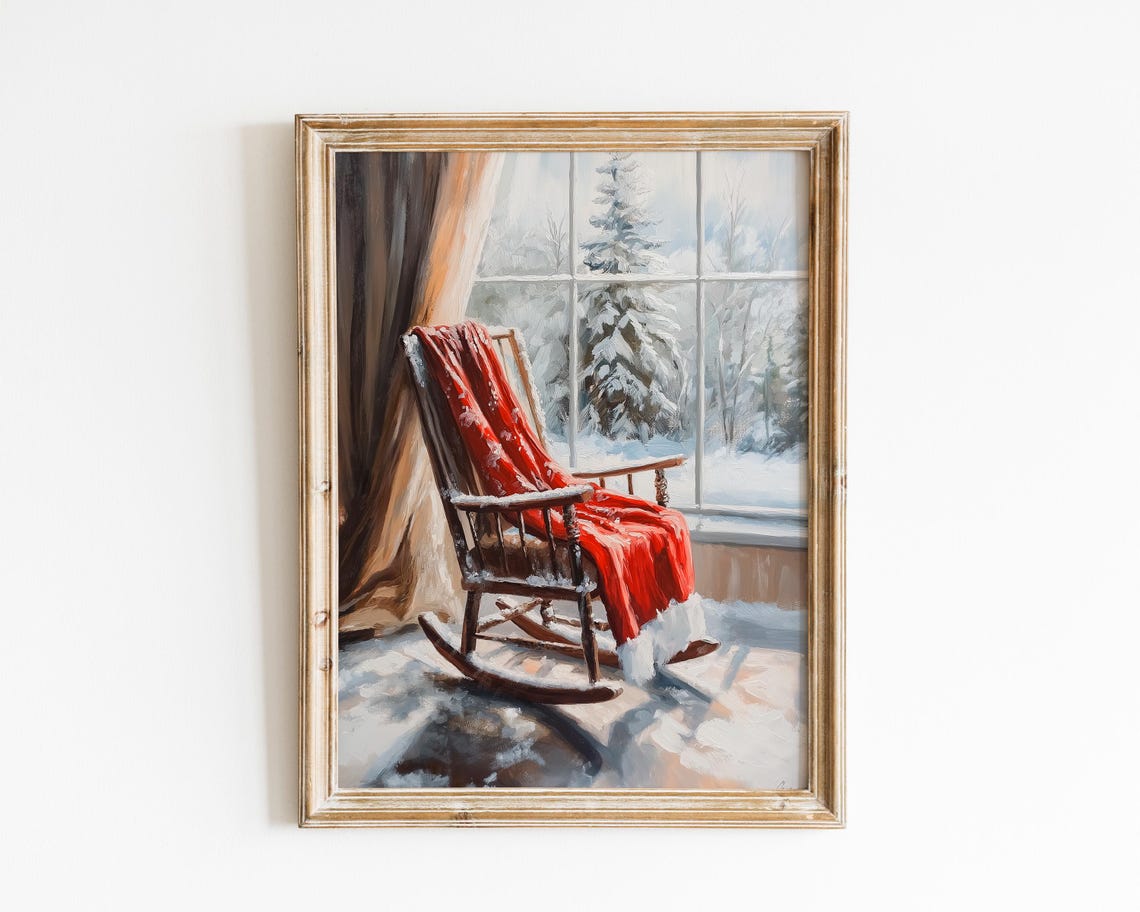Cozy Wooden Rocking Chair Red Blanket Snowy Window Winter Wall Art