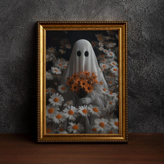 Halloween Floral Portrait Art Print, Whimsical Ghost