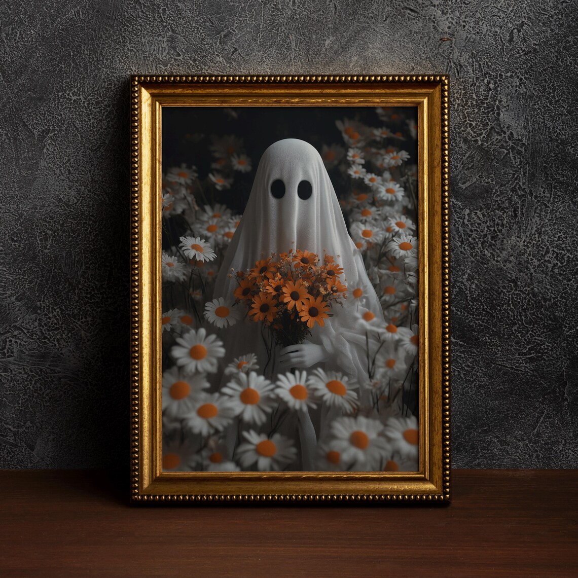 Halloween Floral Portrait Art Print, Whimsical Ghost