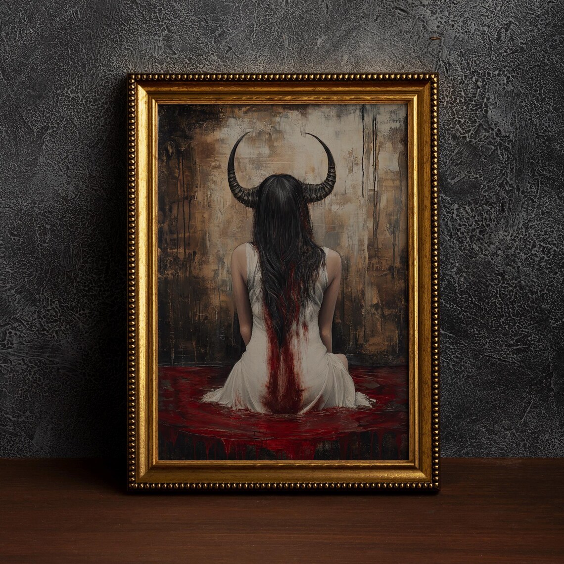 Horned Demon Woman Dark Gothic Horror Seated Painting Poster