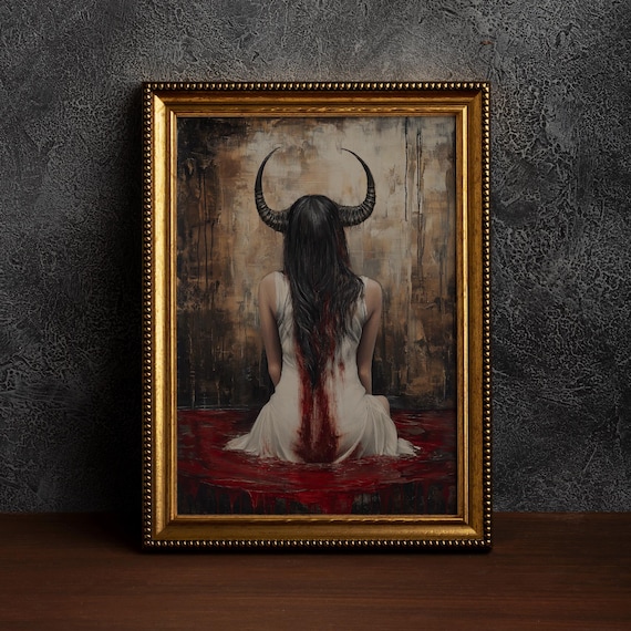 Horned Demon Woman Dark Gothic Horror Seated Painting Poster