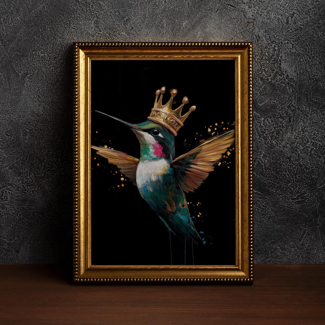 Moody Hummingbird With Crown, Vintage Bird Art Print