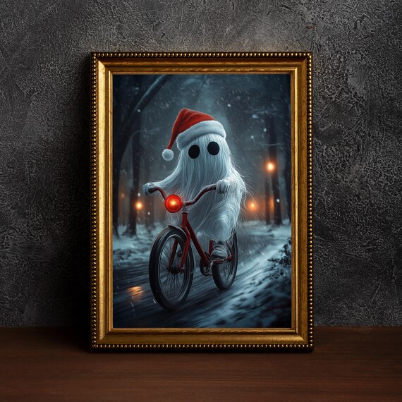 Santa Hat Ghost Riding Red Bicycle Spooky Sweet Christmas Art Poster