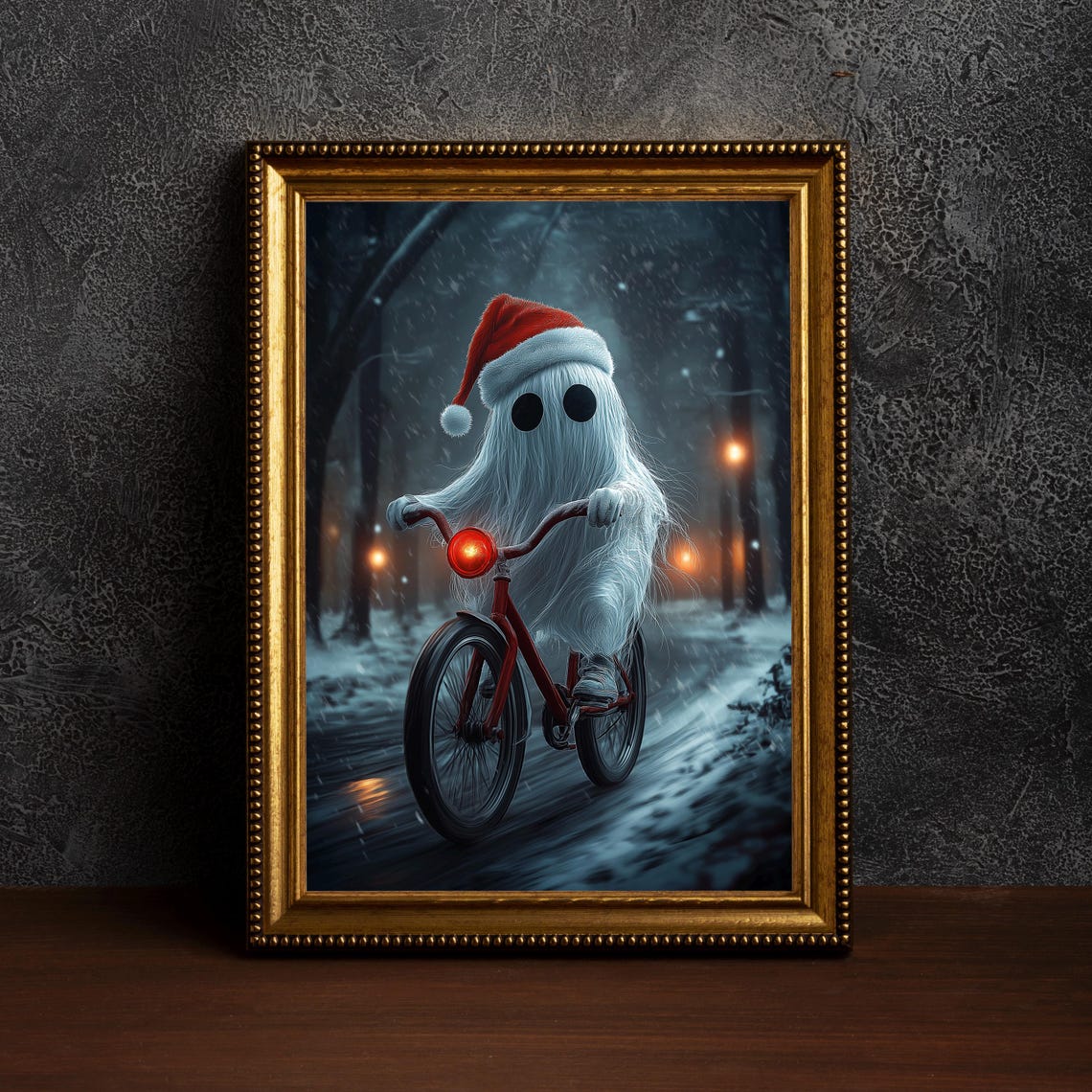 Santa Hat Ghost Riding Red Bicycle Spooky Sweet Christmas Art Poster