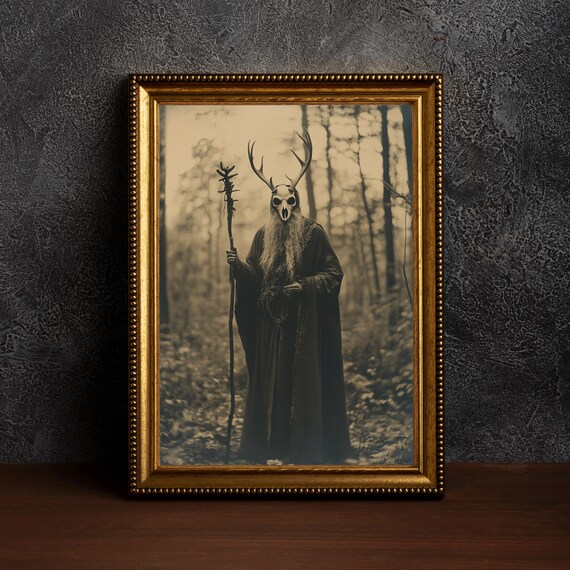 Antlered Druid in Misty Forest Vintage Gothic Occult Photo Poster