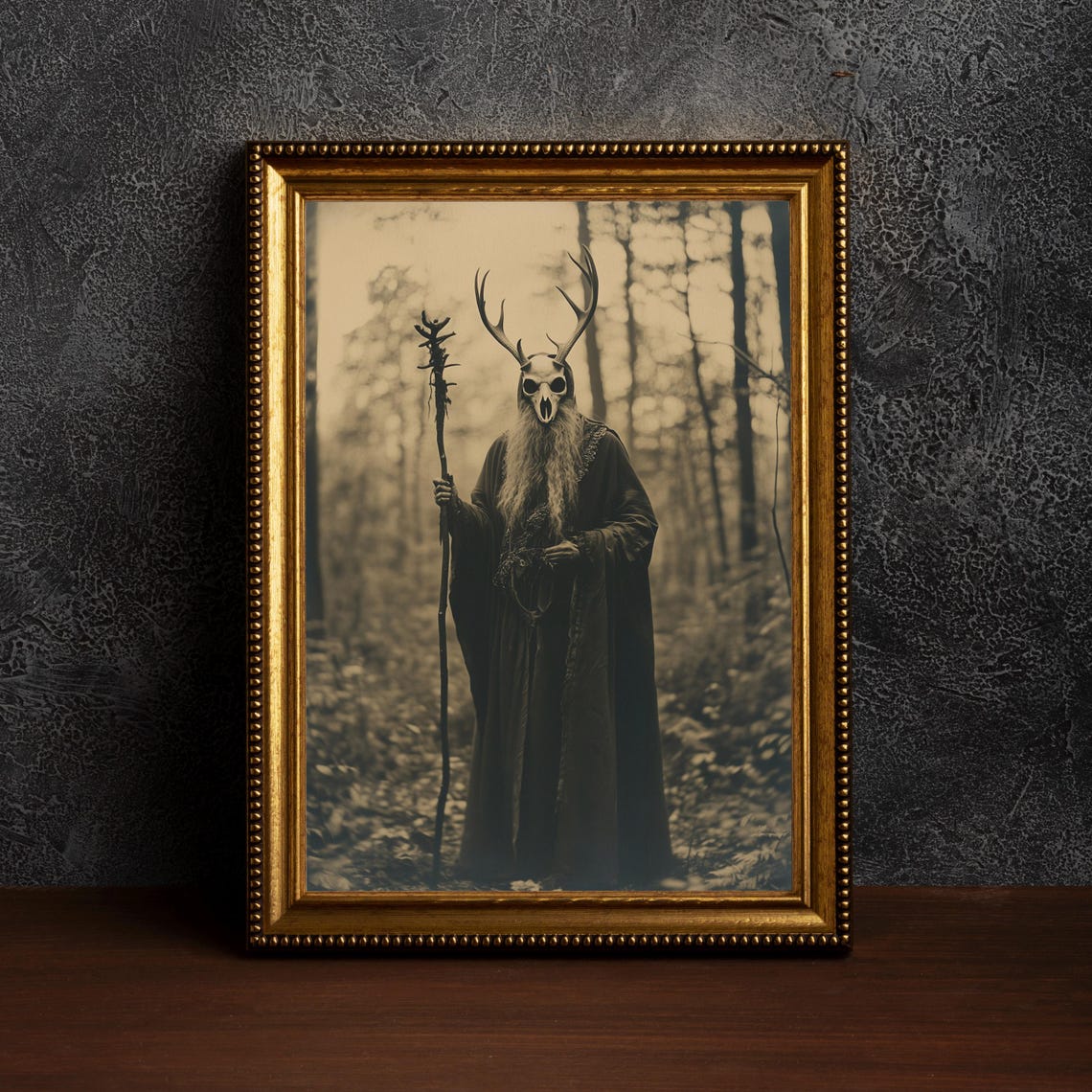Antlered Druid in Misty Forest Vintage Gothic Occult Photo Poster