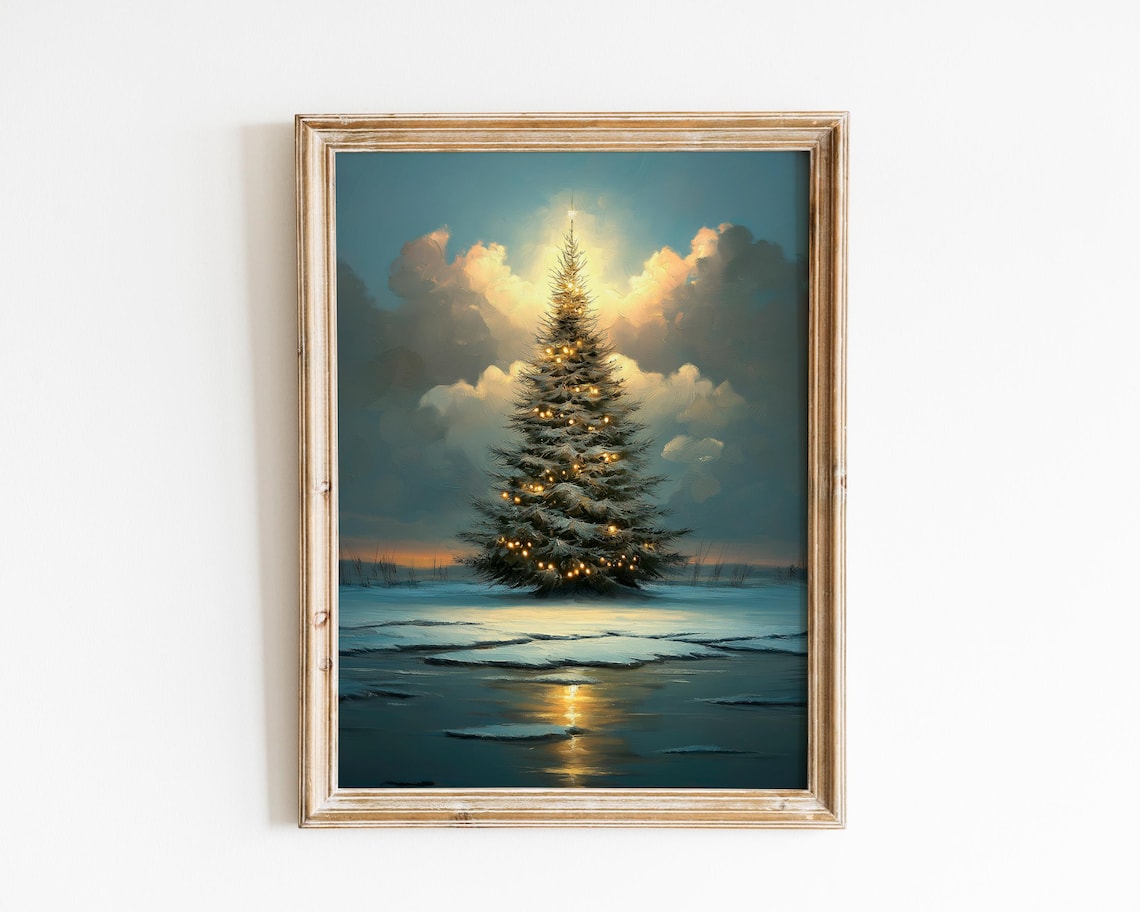 Snowy Christmas Tree Oil Painting Winter Wonderland Wall Art