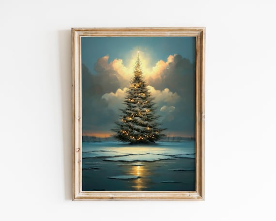 Snowy Christmas Tree Oil Painting Winter Wonderland Wall Art