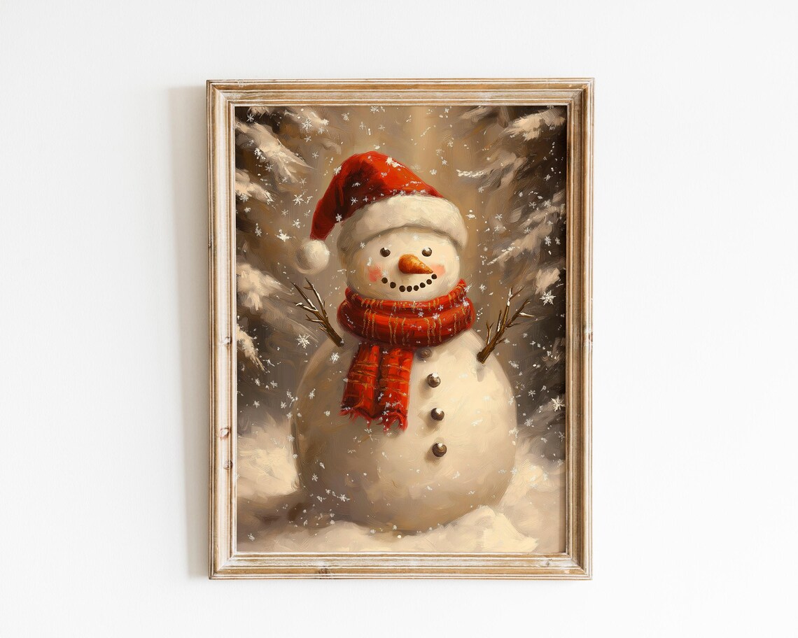 Rustic Snowman Christmas Art Print, Vintage Holiday Scene