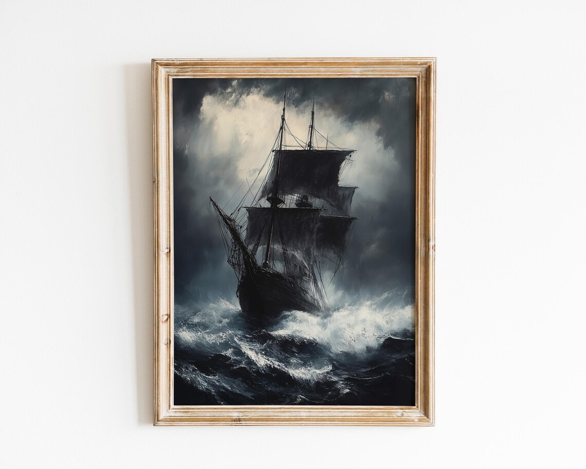 Stormy Sea Ship, Dark Academia Art Print