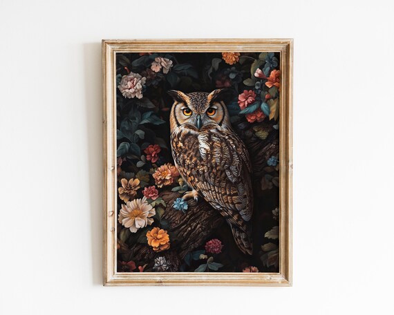Great Horned Owl in Dark Floral Night Garden Oil Painting Poster