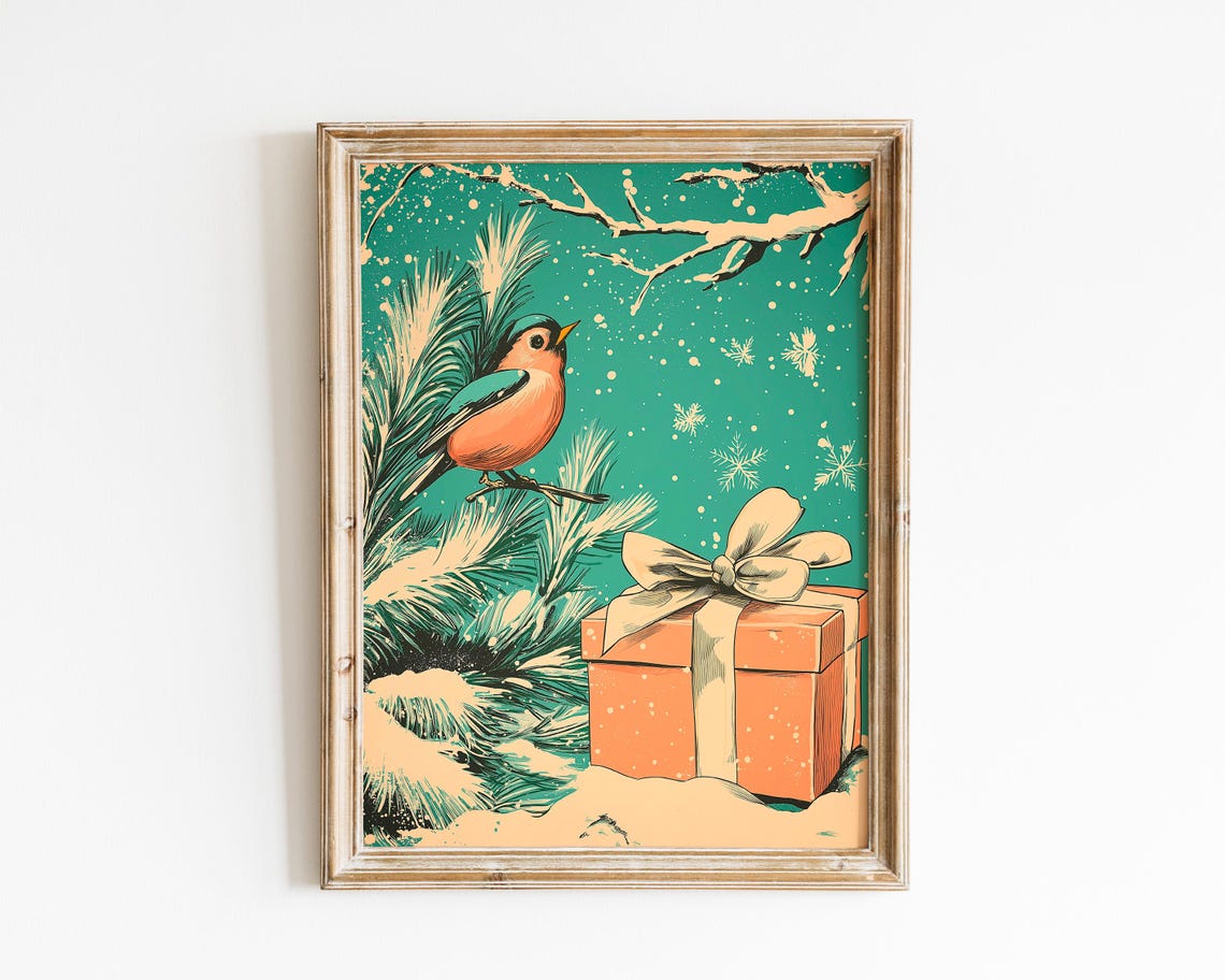 Winter Bird On Snowy Pine Branch Retro Christmas Gift Poster