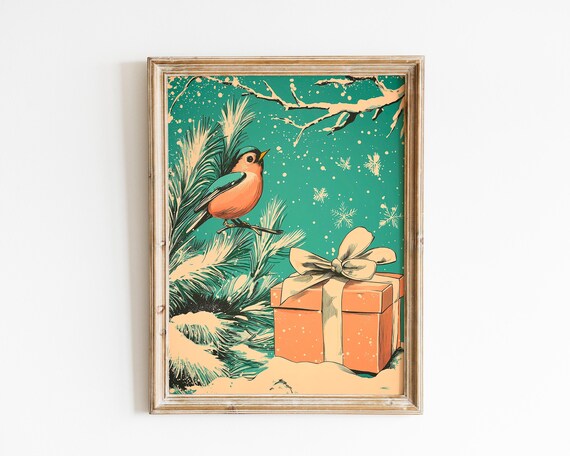 Winter Bird On Snowy Pine Branch Retro Christmas Gift Poster