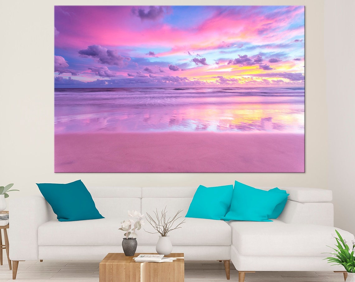 Pink Sunset Beach Vibrant Ocean Waves Seascape Nature Photo Poster