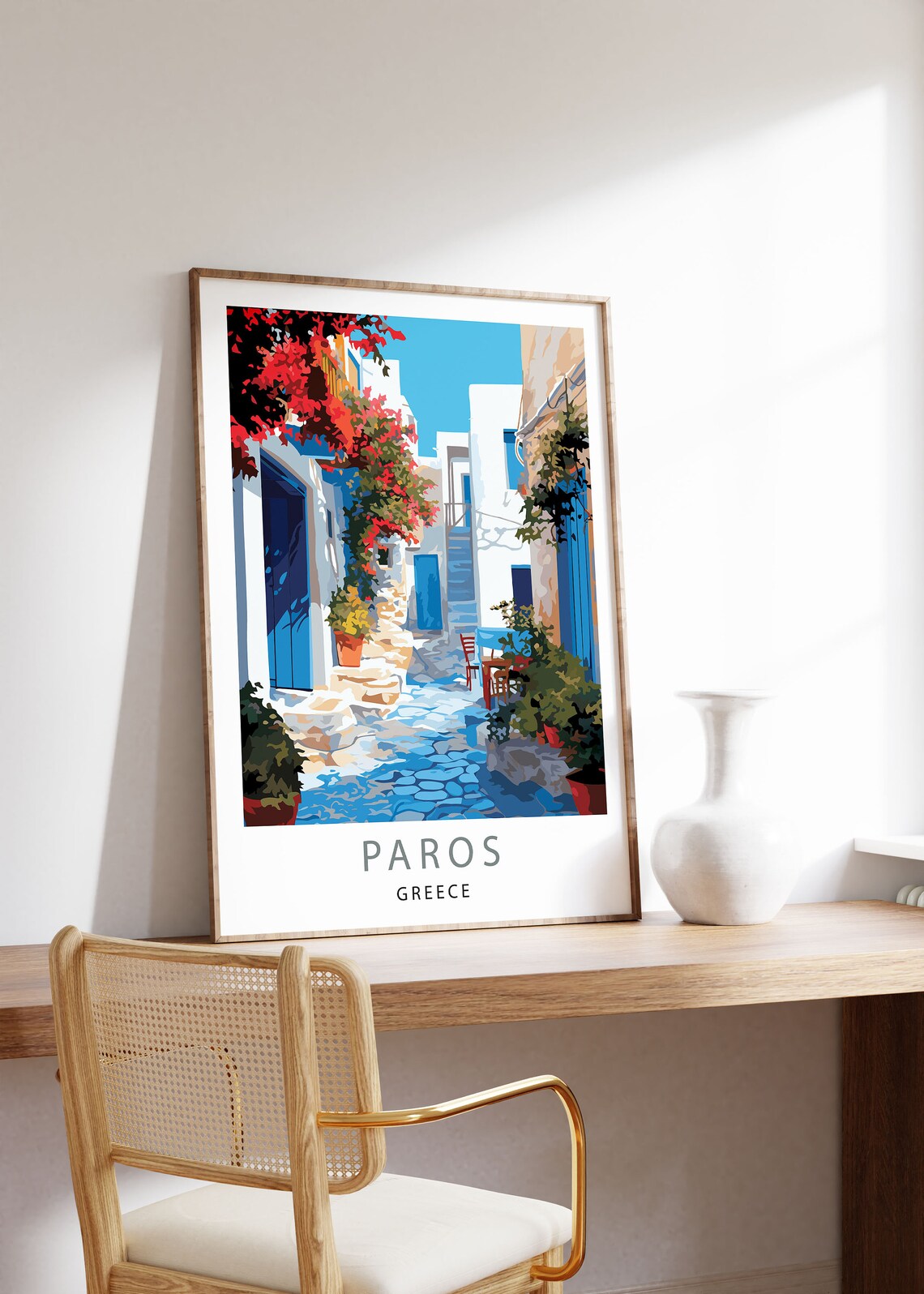 Paros Greece Whitewashed Alley Blue Doors Flowers Travel Poster - Image 2