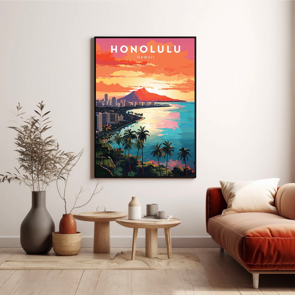 Honolulu Hawaii Diamond Head Sunset Bay Iconic Travel Poster - Image 3
