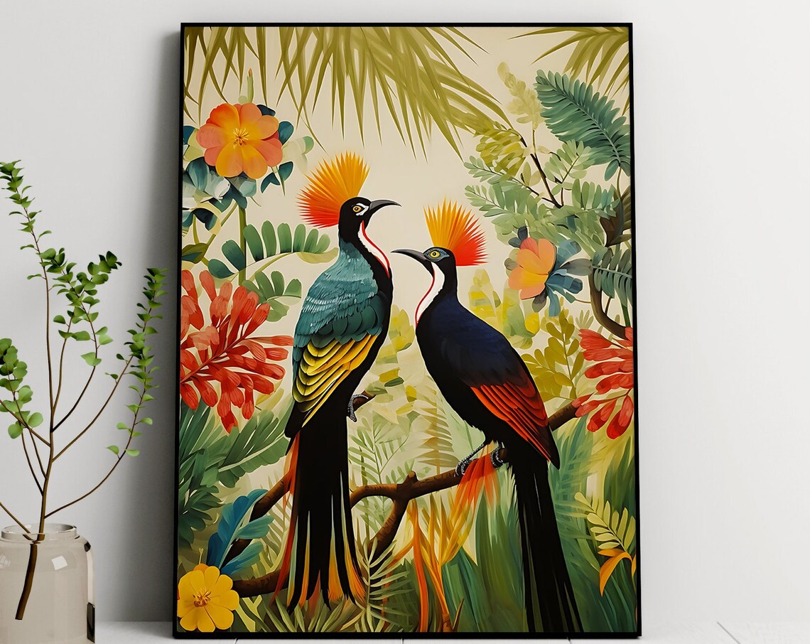 African Birds Painting, Floral Nature Living Room Art
