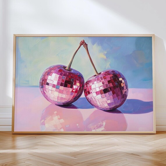 Cherry Disco Ball Wall Art Vintage Retro Maximalist Glam Wall Decor Gifts Mirror Ball Cherries Mirrorball Poster Print