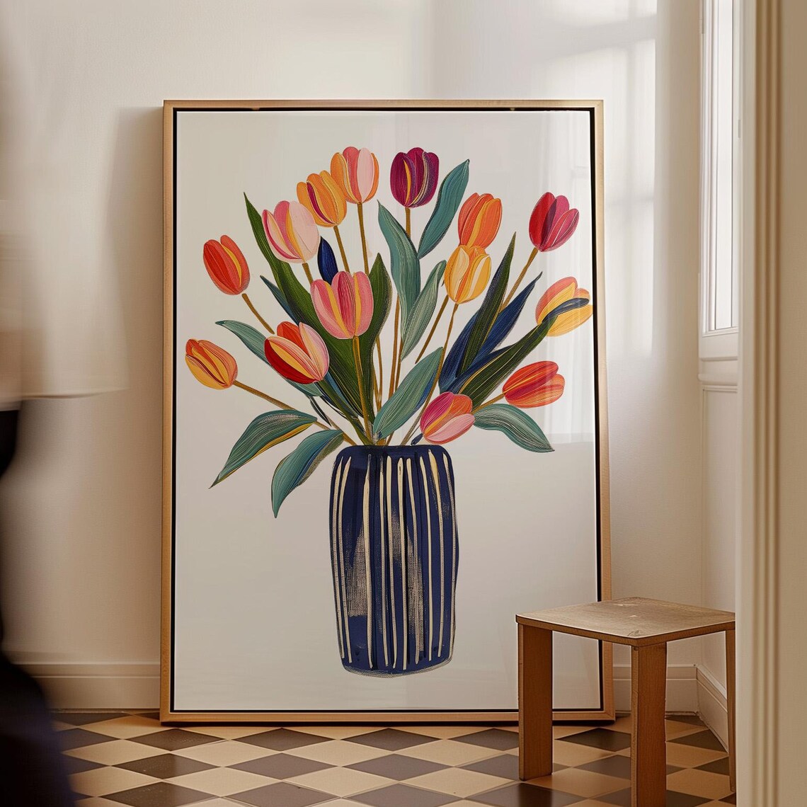 Colorful Tulip Bouquet Blue Striped Vase Bright Floral Art Poster