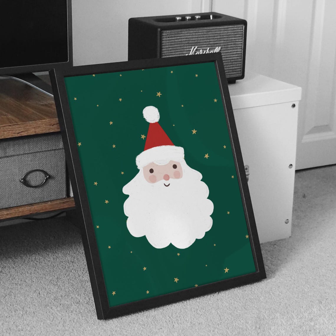 Sweet Smiling Santa Face on Green with Gold Stars Christmas Print - Image 3