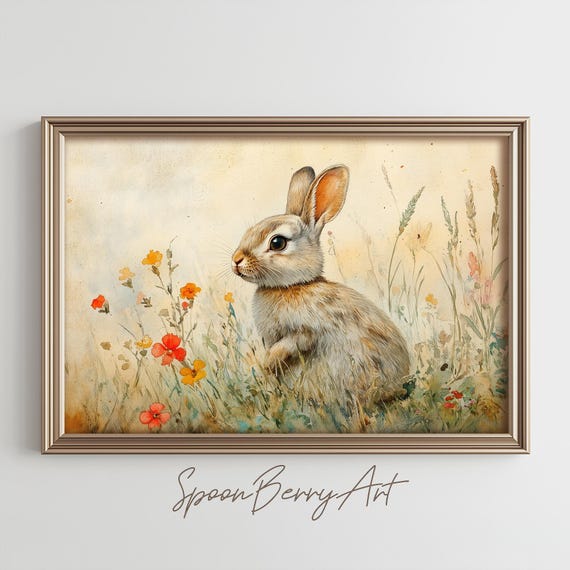 Easter Bunny Painting Moody Vintage Bunny Wall Print Animal Print Wall Decor Spring Wall Art Rabbit Oil Painting Art