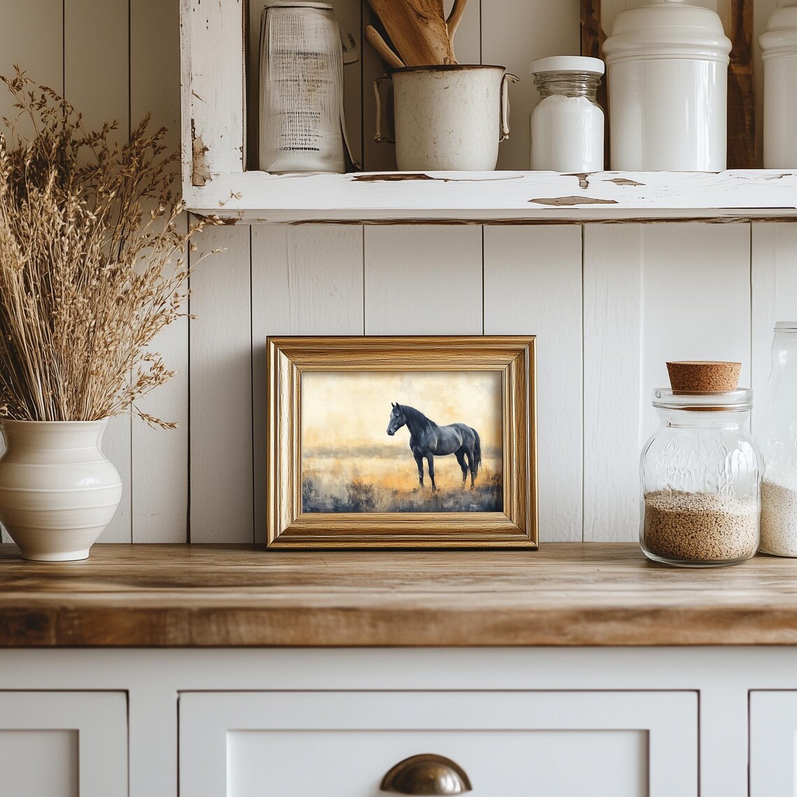 Black Horse Standing In Golden Misty Meadow At Sunrise Poster - Image 5