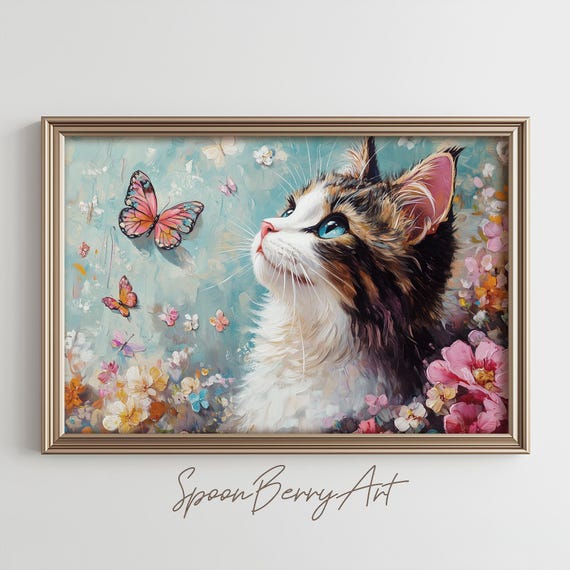 Cat Painting Moody Vintage Cat Wall Print Butterfly Cat Print Wall Decor Animal Wall Art Floral Kitty Oil Painting Art