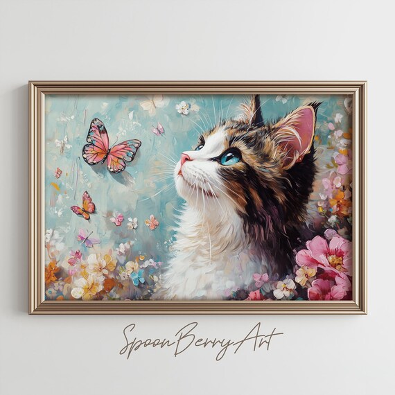 Curious Tabby Kitten Watching Butterfly Spring Floral Art Poster