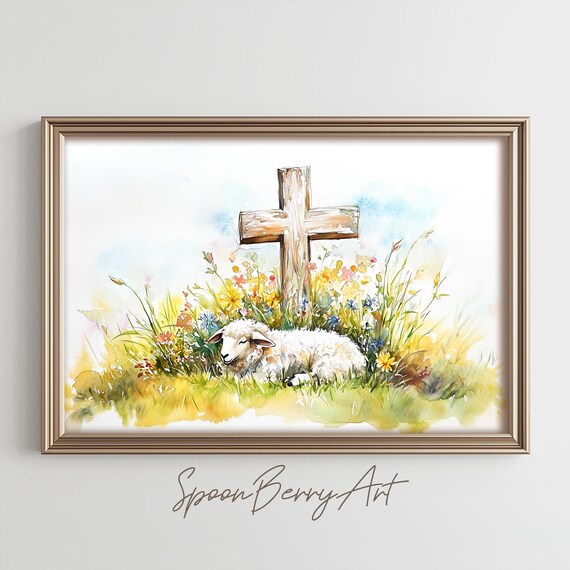 Lamb Resting Before Wooden Cross In Spring Wildflowers Poster