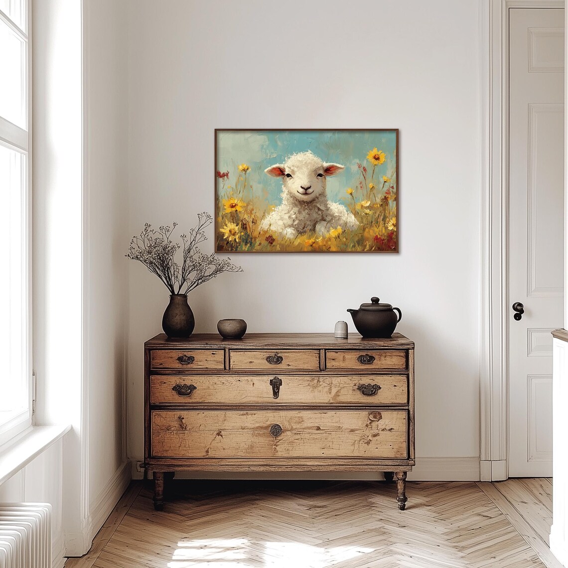 Happy Little Lamb In Wildflower Meadow Under Blue Sky Poster - Image 4