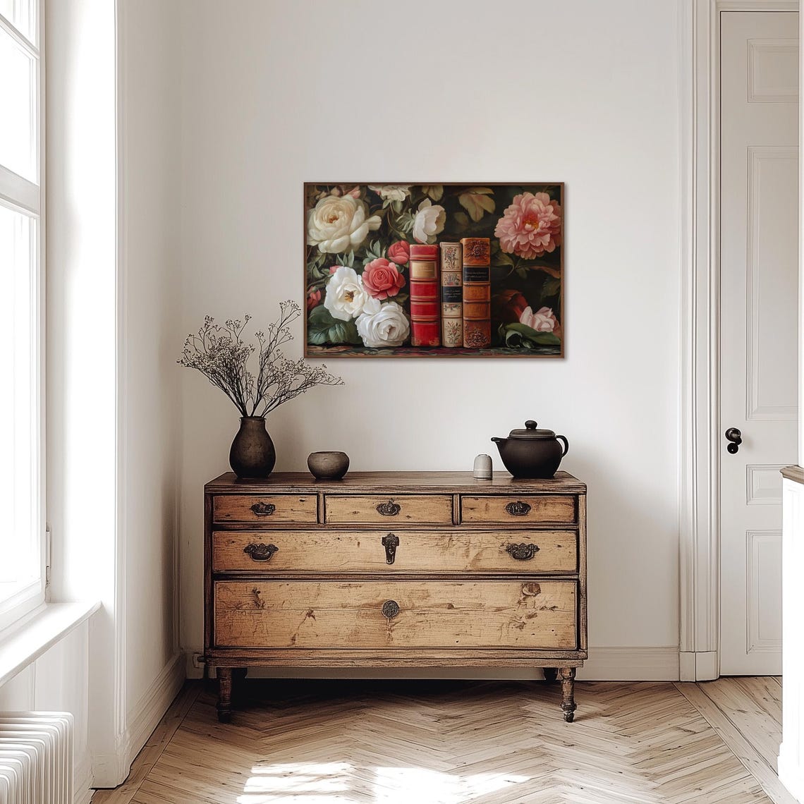 Antique Leather Books Among Roses Dark Floral Library Poster - Image 4