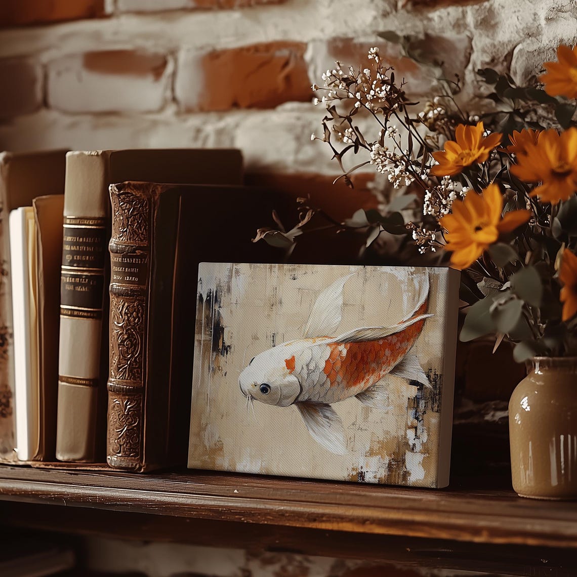 Orange and White Koi Fish in Impasto Abstract Waters Art Poster - Image 3