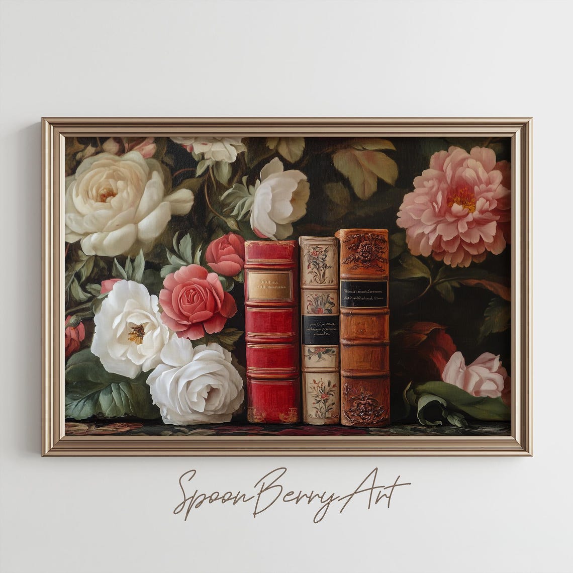 Antique Leather Books Among Roses Dark Floral Library Poster