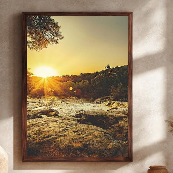 Sunset River Landscape Canvas Wall Art Golden Hour Waterfall And Rocky Nature Scene Print Peaceful Outdoor Home Decor