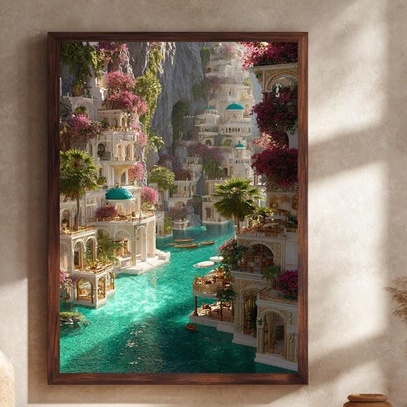 Luxurious Fantasy Coastal City Canvas Wall Art With Turquoise Water White Palaces Pink Flowers And Exotic Architecture Print