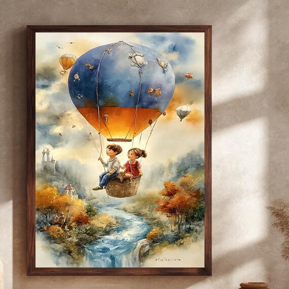 Two Children Flying Hot Air Balloon Over Castle Whimsical Print
