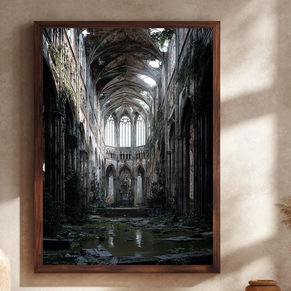 Abandoned Gothic Cathedral Overgrown Ruins Dramatic Light Architecture Poster