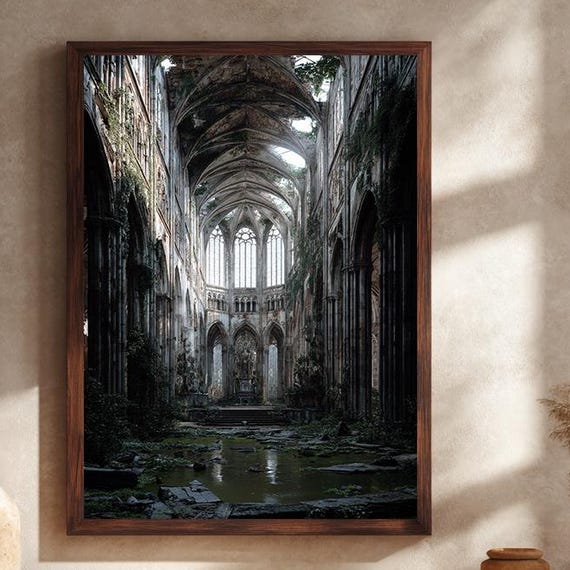 Abandoned Gothic Cathedral Wall Art Overgrown Ruins With Dramatic Light Mystical Architecture Canvas Print