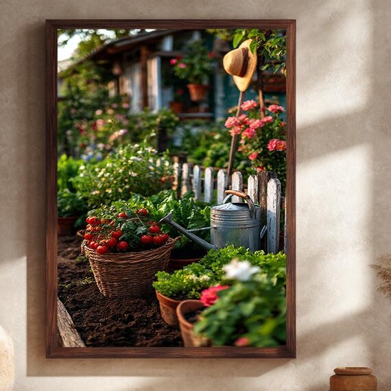 Rustic Tomato Harvest Garden Watering Can Cottage Charm Art Poster