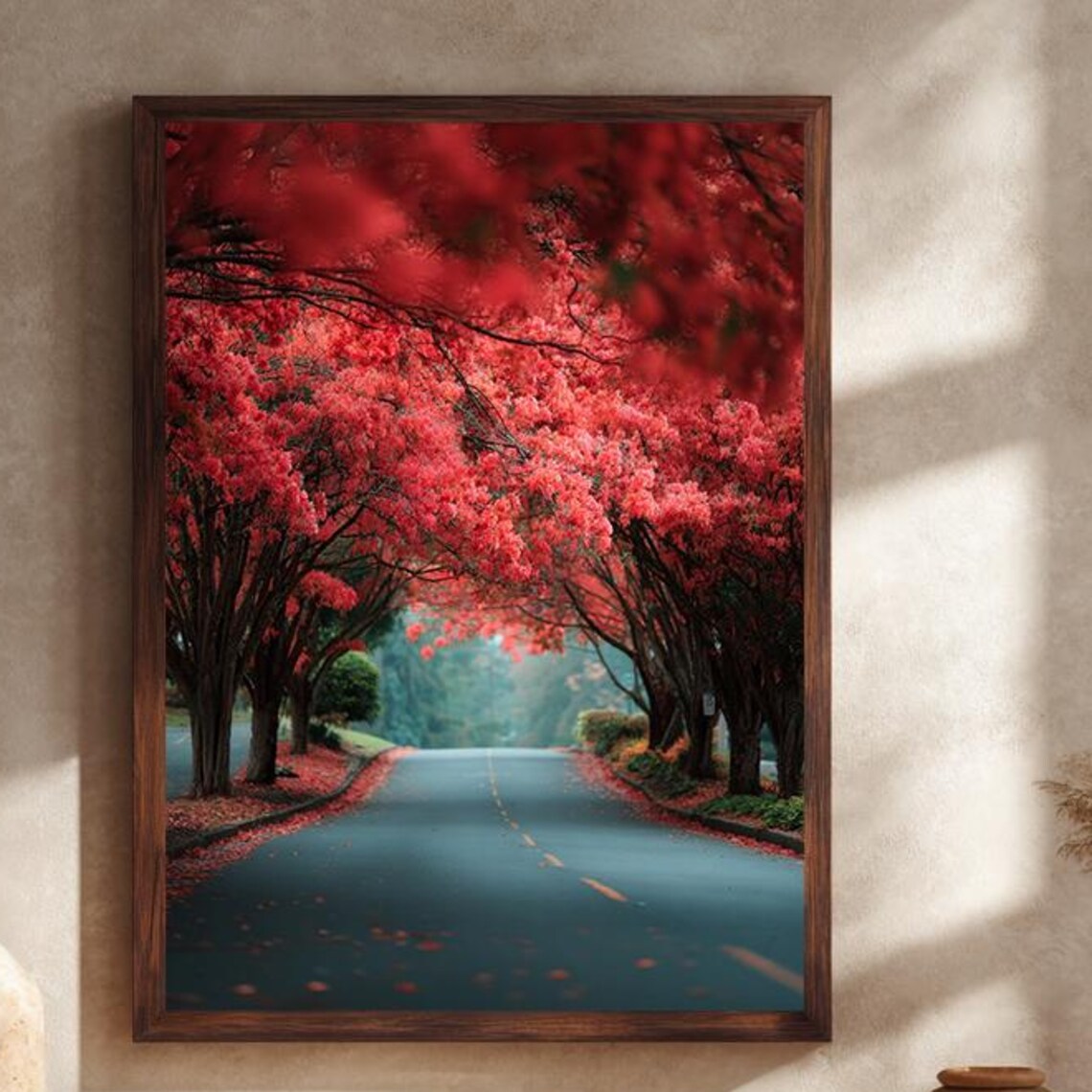 Red Autumn Tree Tunnel Road Vibrant Fall Foliage Scenic Landscape Poster