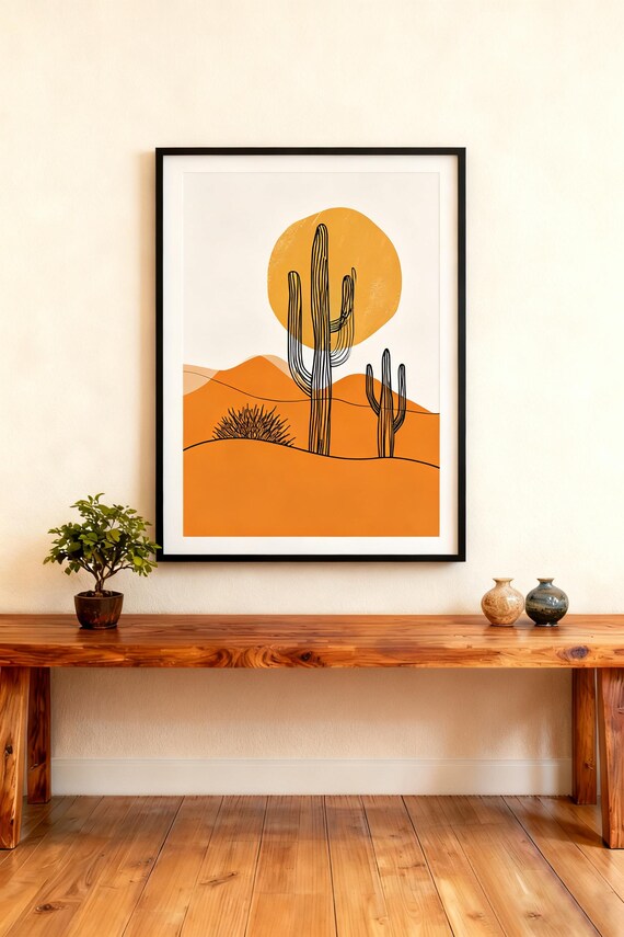Desert Sunset Cactus Wall Art Print Minimalist Boho Landscape Poster Warm Orange Terracotta Home Decor Modern Botanical