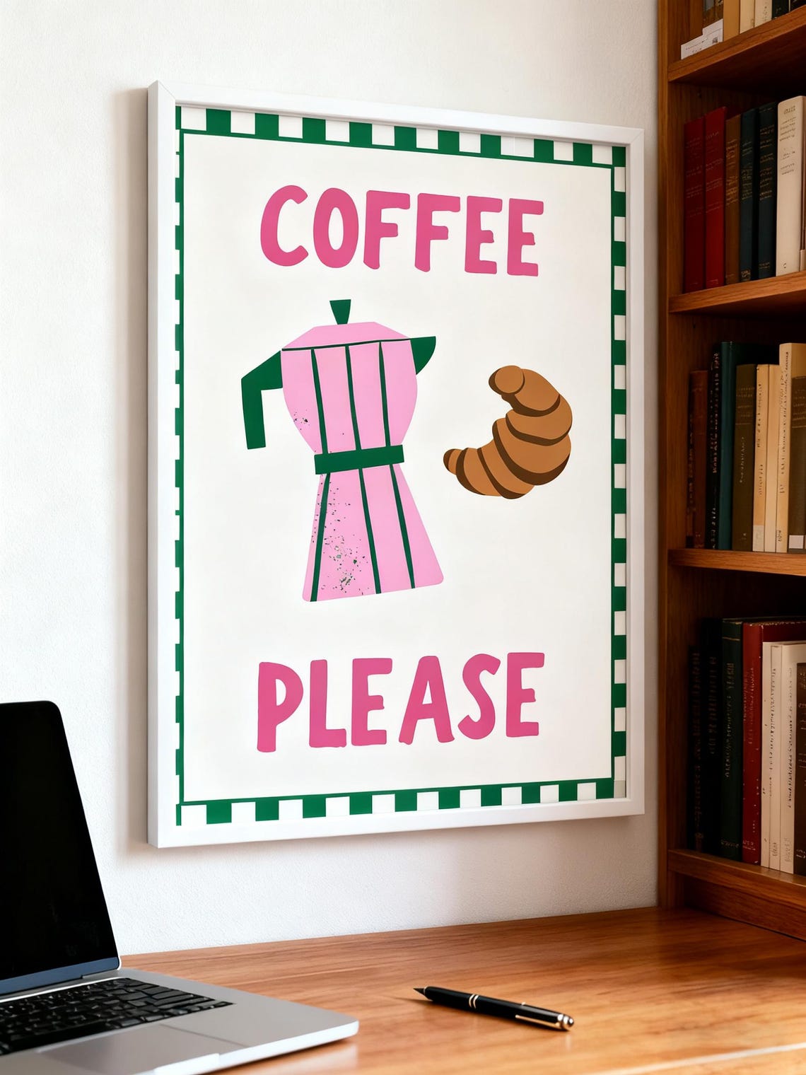 Coffee Please Pink Green Moka Pot Croissant Retro Cafe Kitchen Poster