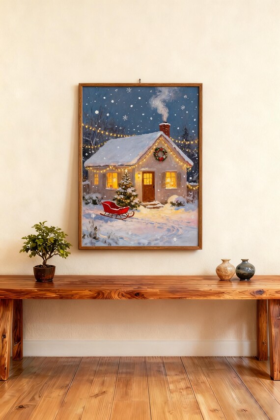 Cozy Christmas Cottage Snowy Winter Night Scene With Lights Poster